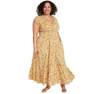 NWOT OLD NAVY Dress 2X Yellow Floral Fit&Flare Smoked-Waist V Bow Tiered ShortSl